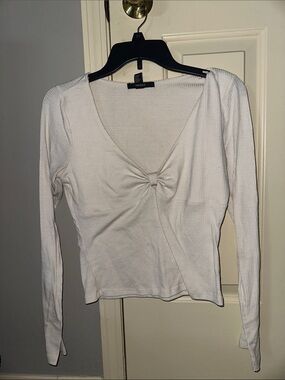 Forever 21 Cream Ribbed Knot-Front Long Sleeve Top